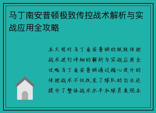 马丁南安普顿极致传控战术解析与实战应用全攻略