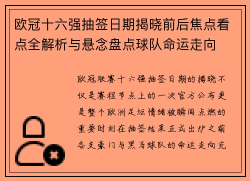 欧冠十六强抽签日期揭晓前后焦点看点全解析与悬念盘点球队命运走向